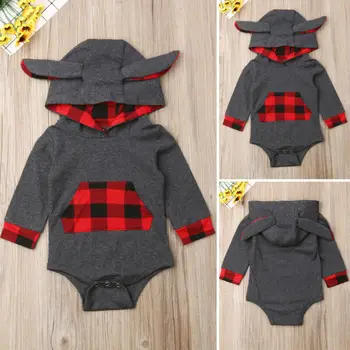 

2019 Autumn Toddler Baby Boy Girl Clothes Long Sleeve Plaid Patchwork Hooded Warm Soft Romper Outfits
