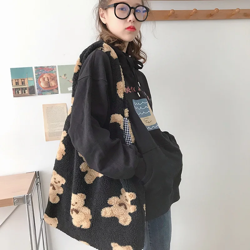 Women Plush Shoulder Bag Warm Cloth Fabric Handbag Soft Canvas Tote Large Capacity Shopping Bags Cute Bear Book Bags For Ladies 3