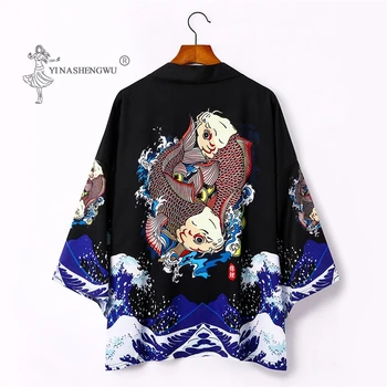 

Men Women Harajuku Cardigan Japanese Kimonos Summer Carp Print Loose Shirt Costume Samurai Japan Traditional Coat Couple Yukata