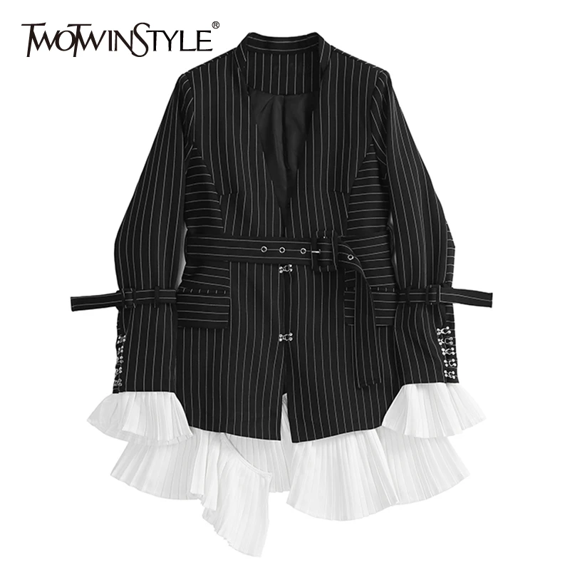 

TWOTWINSTYLE 2019 New Autumn Winter Lapel Long Sleeve Black Striped Hem Ruffles Stitch Loose Jacket Women Coat Fashion Tide