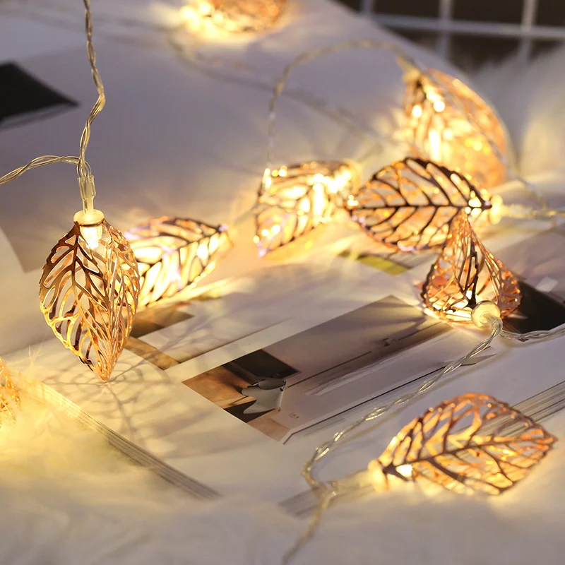 LED String Leaves Garland Led Fairy Lights Battery Operated Christmas Outdoor Lighting Rose Gold Light Chain Party Wedding Patio