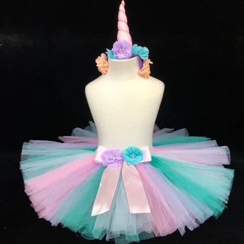 

Girls Pastel Unicorn Flower Tutu Skirts Kids Ballet Tulle Pettiskirt Underskirts with Headband Children Party Skirts 1-9Y 3PCS