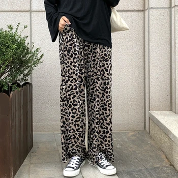

Korean 2020 High Waist Women Leopard Pants Vintage Elastic Waist New Wide Leg Casual Pants For Female New Spring Summer Trouser