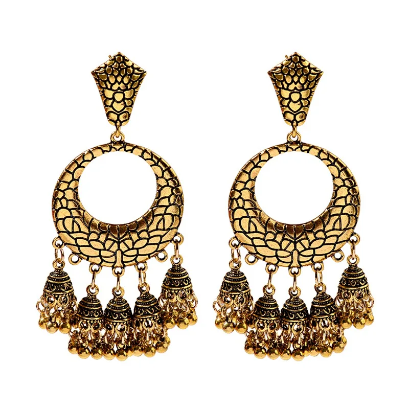 Women's Vintage Ethnic Gypsy Silver Flower Indian Earrings Boho Jewelry Ladies Retro Round Bell Tassel Jhumka Earrings