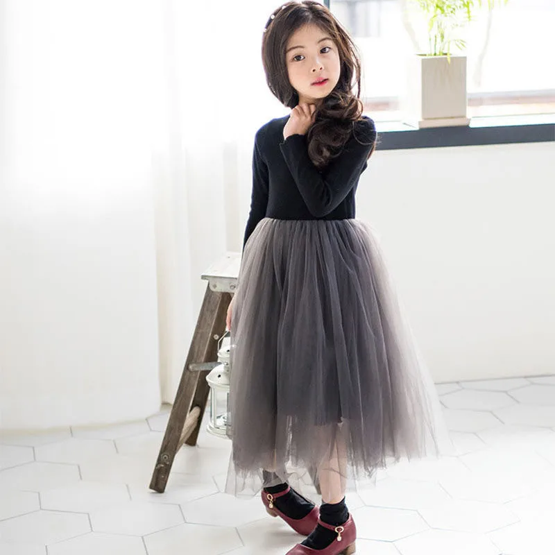 Girls Dress Princess Costume Girls' Dresses Winter Autumn Casual Children's Fluffy Gauze Base Dress Big Children's Wear Versatile Winter Princess Dress