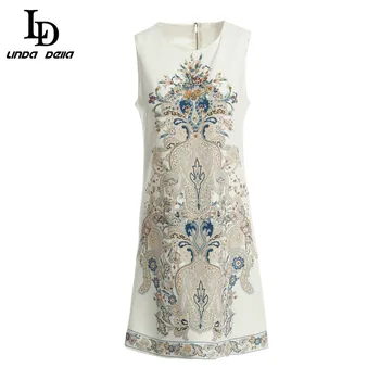

LD LINDA DELLA Summer Fashion Runway Short Dresses Women Sleevless Vintage Pattern Print Beading Ladies Mini Dress vestido