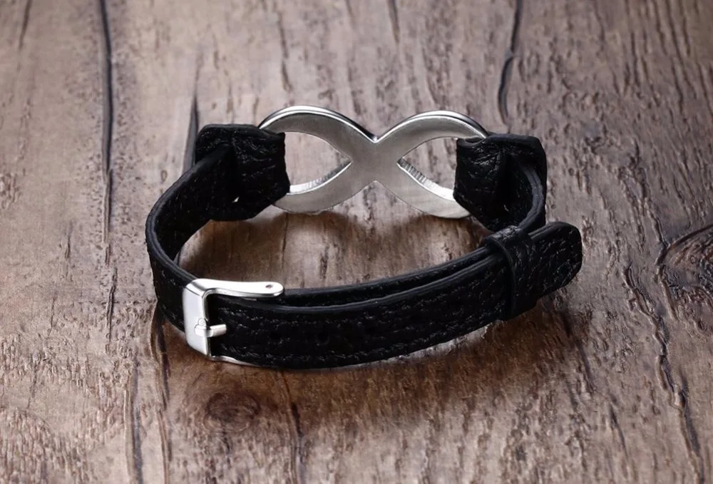 Mens Bracelets Stainless Steel Infinity Love Black Leather Bracelet Men Women Bangles Fashion Jewerly Accessories Pulseira 110