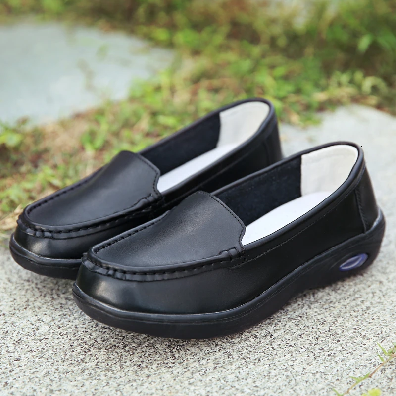 PU Leather Women Casual Flats Shoes Nurse Shoes Black White Air Cushion Sneakers Shallow Breathable Solid Slip-on Loafers Female