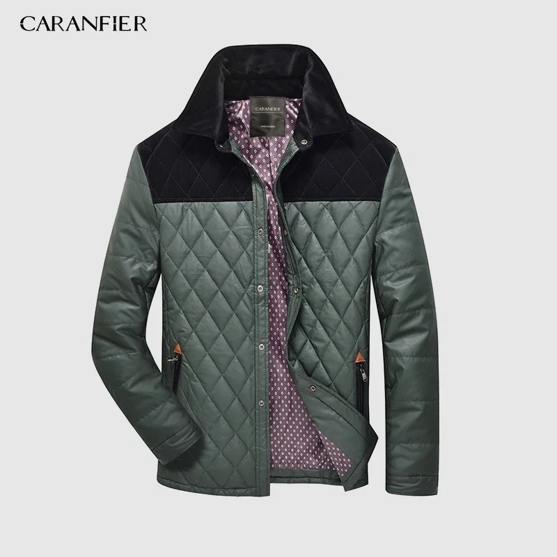CARANFIER/осенне-зимняя модная мужская куртка, пальто, мужская повседневная хлопковая стеганая куртка, лоскутное клетчатое пальто, мужская одежда - Цвет: Зеленый