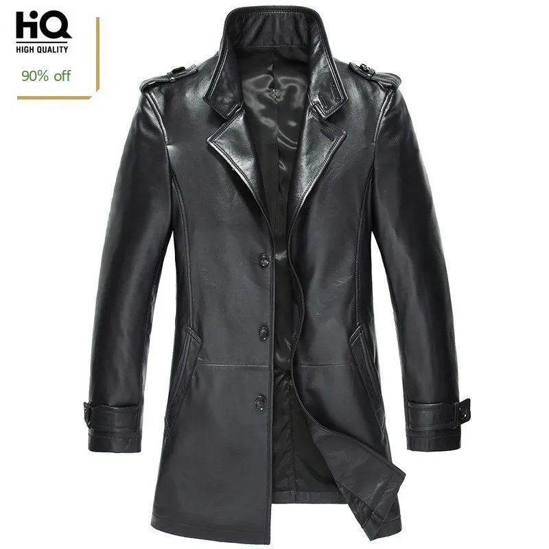 

Brand Luxury Sheepskin Genuine Real Leather Mid Long Jackets Men 2020 Design Black Slim Fit Plus Size 4XL Leather Trench Jacket