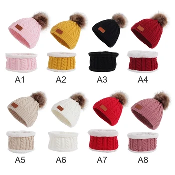 

Two Pieces Hat Scarf Set 6M-3T Children's Hats Girls Caps Fake Ball Pompon Keep Warm Winter Knitted Hat Scarf Set