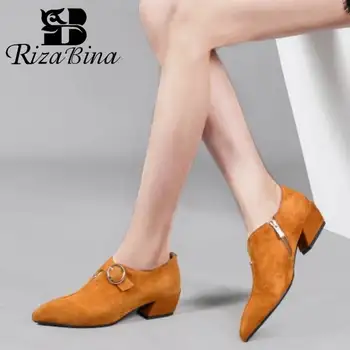 

RIZABINA Women Pumps Shoes Fashion Buckle Zipper Simple Shoes Women Stylish Pointed Head Thick Heels Office Footwear Size 35-42