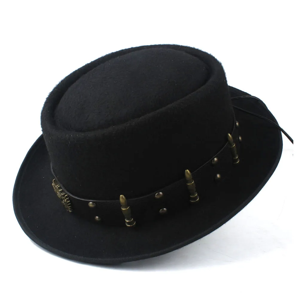 Шляпа-пирожок для мужчин и женщин с поясом в стиле панк модная шерстяная шляпа Трилби чародейная шляпа Поп шляпка для церкви размер 58 см - Цвет: Black