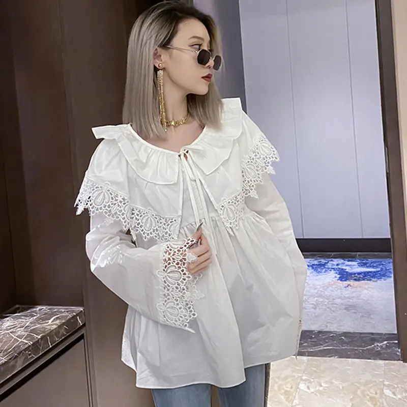 XITAO белая кружевная блузка с рюшами, женская Свободная рубашка на шнурке с длинным рукавом, маленькая свежая Повседневная рубашка с воротником в стиле Питера Пэна GCC3083
