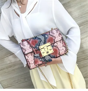 

2020 Fashion Snake Print Crossbody Bags For Women Shoulder Bag PU Leather Snake print multicolor Flap Chain Messenger Bag pink