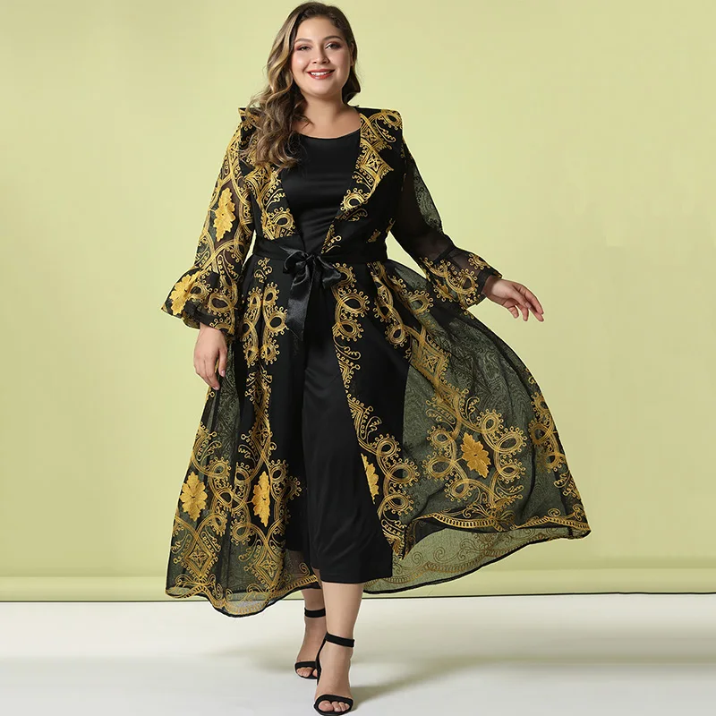 

Toleen Plus-Size Dress Women Tracksuit V Neck Embroidery Flare Sleeve Sun Proof Coat Solid Color Jumpsuit Conjunto Feminino 2019