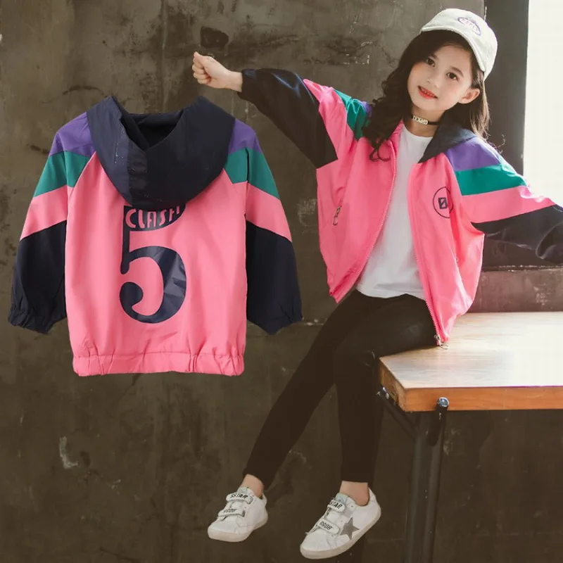 Fashion Spring Autumn Stitched 5 Word Hooded Jacket&Coats For Girls Pink Korean Cotton Kids Outerwear Clothes 4 To 12T