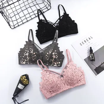 

Sexy Lace bra Women Lingerie Wireless bras Seamless Bralette Hollow Floral Cross Strap Bandage Bustier female Underwear #D