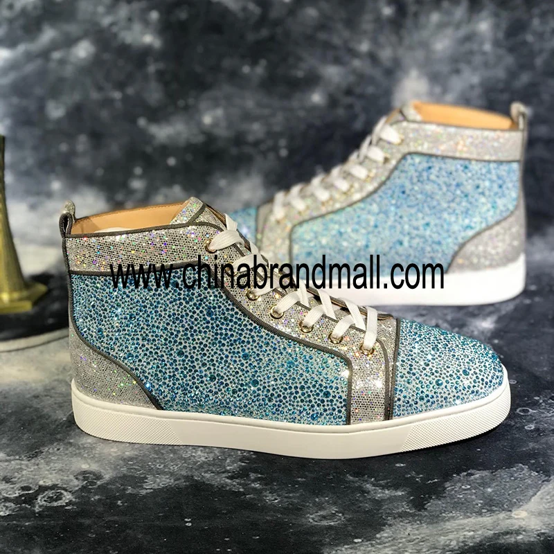 

Real Leather Sneakers Sky Blue Glitter Shoes Mens Luxury Brand Designers Sneaker Fashion Rhinestones Shoes For Men Red Bottom