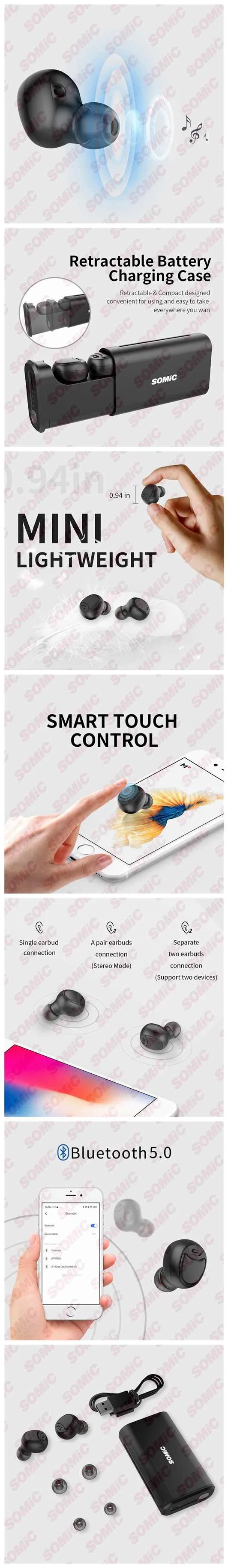Somic TWS W20 Bluetooth 5,0 наушники-вкладыши умные беспроводные наушники настоящие беспроводные мини-наушники двусторонний стерео микрофон