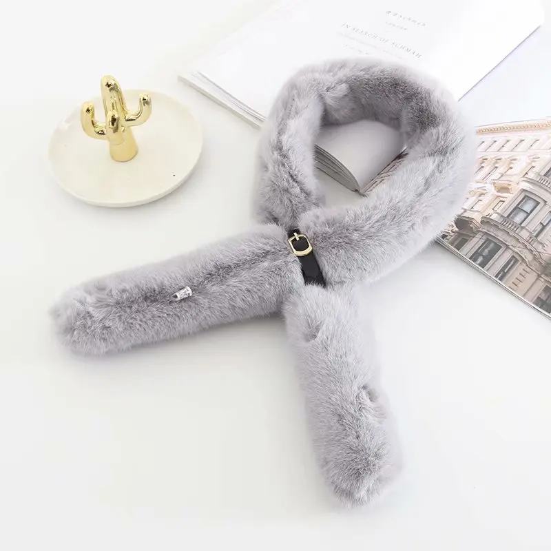 9909 Gray Новинка, Модный женский зимний однотонный теплый шарф из искусственного меха, для девушек, корейский стиль, милые теплые шарфы с помпонами на шее - Цвет: 9909 Gray