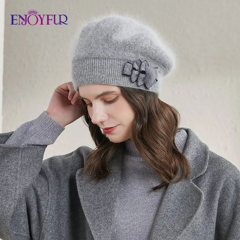 ENJOYFUR Cashmere Beret Hat Female Rabbit Knitted Winter  display picture 2