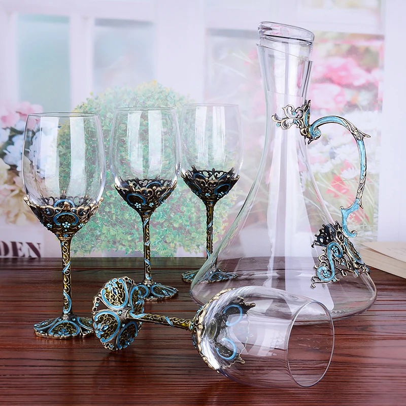 

Enamel Metal Red Wine Glass Decanter Set Crystal Goblet Wine Cup Creative Lettering Set Gourd Bottles
