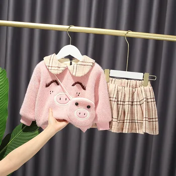 

Girls' Fashion Korean-style Pig Sweater Pleated Warm Skirt Winter Net Red Skirt Style Pullover Chinese Combed Cotton Baby Girls