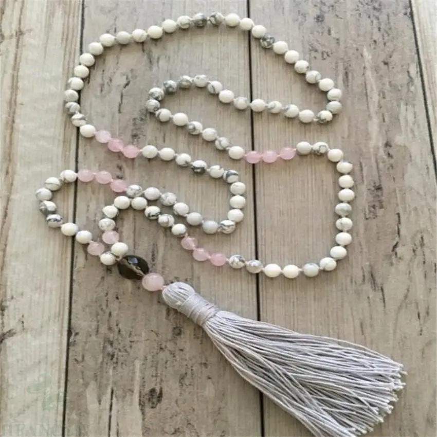 

6MM Howlite Rose Quartz Gemstone Mala necklace 108 Beads Bless Lucky Chakas yoga Gemstone Buddhism Meditation pray spirituality