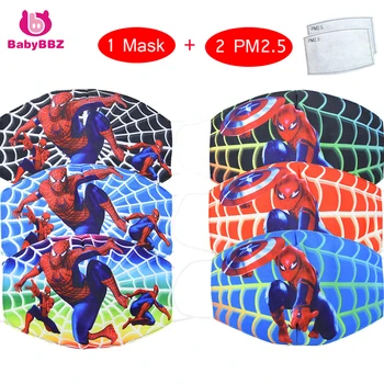 

3PCS 2020 Spider-Man children's anime cartoon face mouth mask Washable and reusable ice silk mask dust sunscreen kids earmuffs