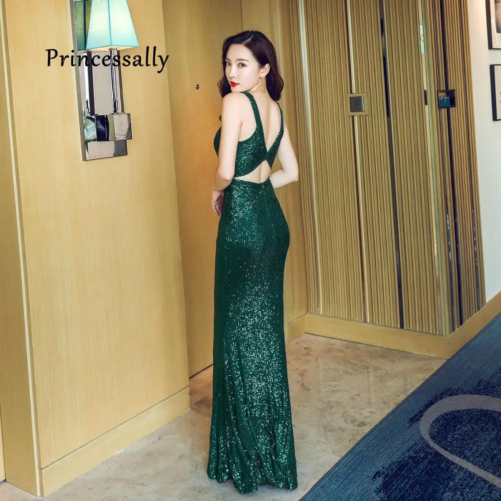 New Sexy Sleeveless Evening Dresses Mermaid Emerald Green Sequins Beading Wedding Prom Party Evening Gowns robe longue