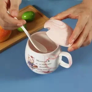 Новая керамическая чашка для питья с крышкой Ложка поросенок милый современный минималистичный мраморный узор Пара кружка для молока кофейная кружка стаканы Грин - Цвет: 310ML