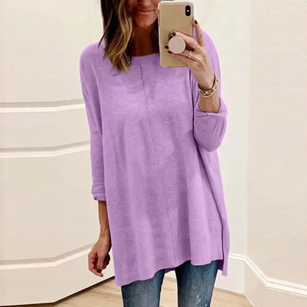 Модная блуза с разрезом размера плюс, повседневная осенне-зимняя женская Свободная блузка с круглым вырезом, женская рубашка с длинным рукавом, блуза, пуловер - Цвет: Purple