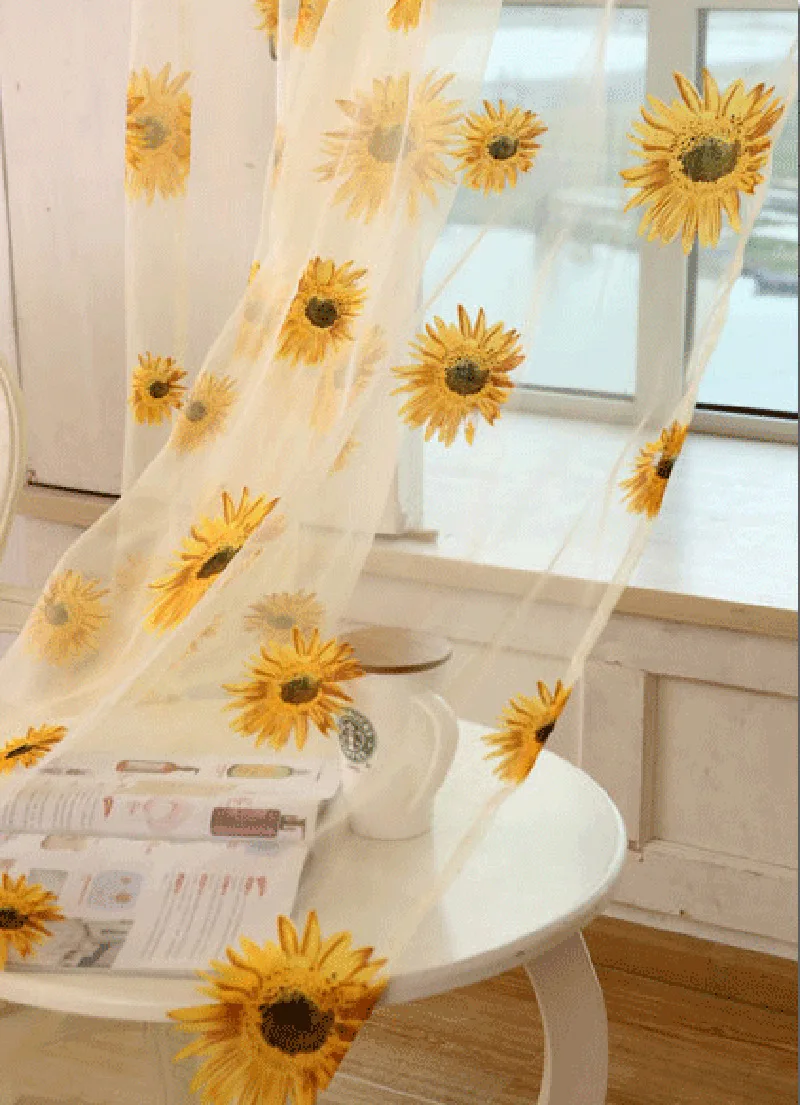 Sunflower Printed Curtain Tulle for Kitchen Yellow Flower Sheer Voile for Living Room Balcony Kid's Room Cheaper Panel HM125#30