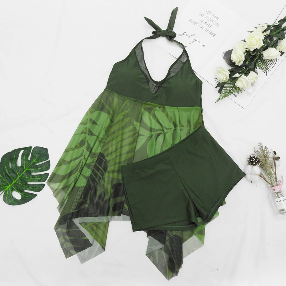 2020 New Beachwear Female Swimwear Tankini Print Sexy Asymmetric Hem Halter Swimdress S-5XL Women Brazilian Beachwear Women