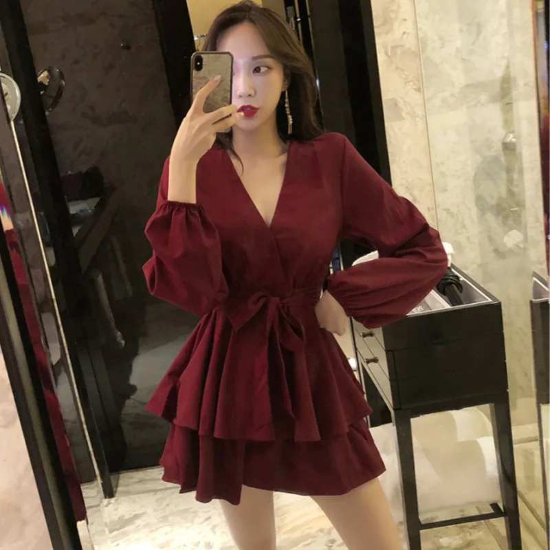 

Autumn New Style WOMEN'S Dress Loose-Fit High-waisted Cross V-neck Long Sleeve Bandage Cloth Dress Solid Color Slimming A- line