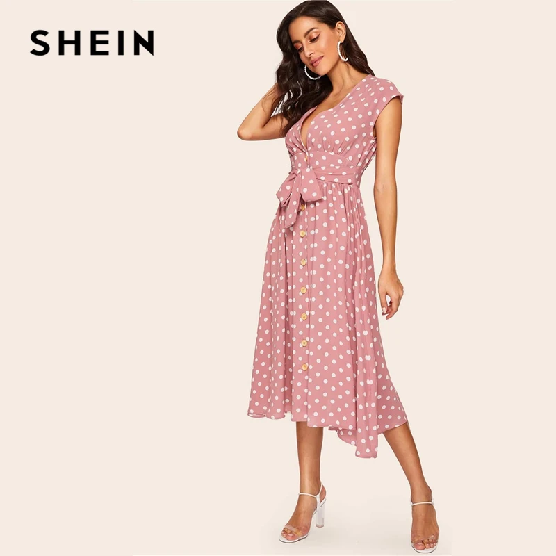 SHEIN винтажное платье в горошек с поясом, рубашка на пуговицах, женское платье, летнее платье с рукавом-крылышком и v-образным вырезом, длинное однотонное ЦЕЛЬНОКРОЙНОЕ ПЛАТЬЕ