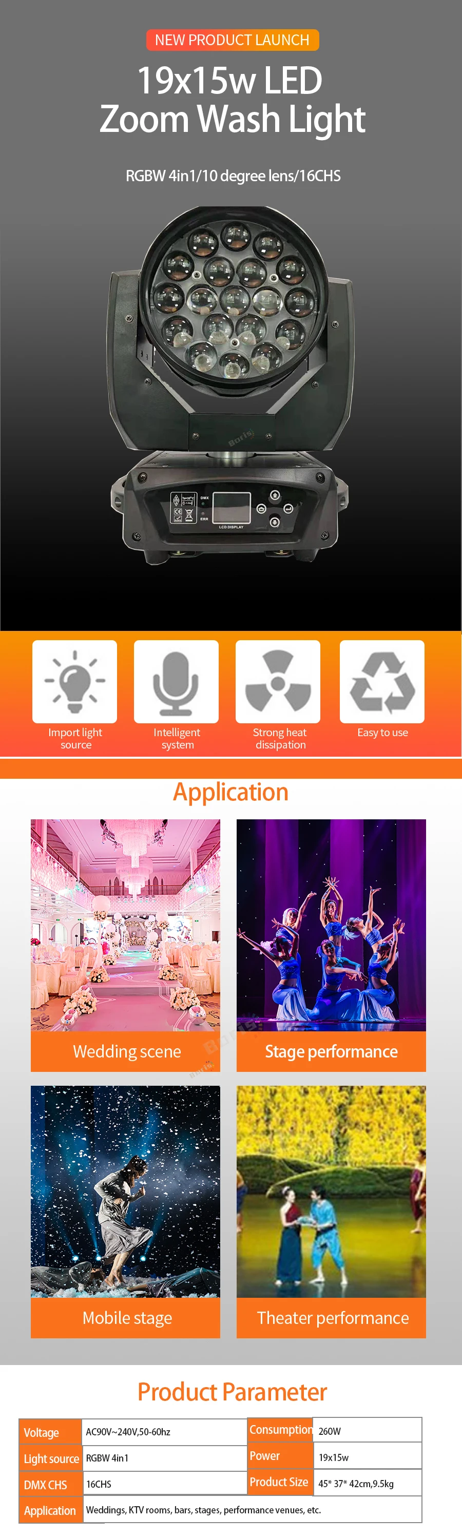 Dmx512 19X15W Led Wash Zoom Rgbw Moving Head Light Stage Spotlight For Dj Lights Nightclub Disco Zoom LED Moving Head Wash Light7