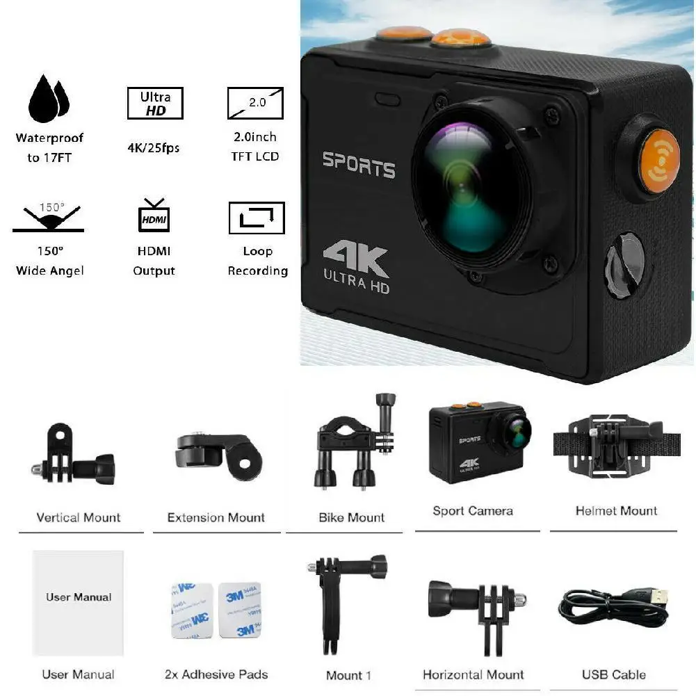 Профессиональная экшн камера 4K WiFi видеокамера Водонепроницаемая DV Спортивная