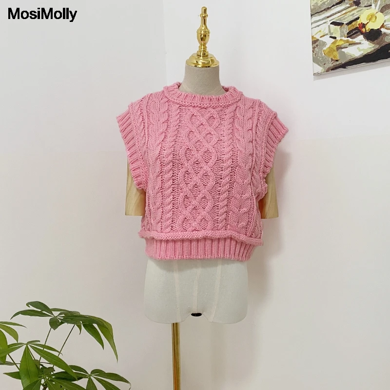 MosiMolly Pretty Pink Sweater Vest Women Cable Knit Sleeveless Knits Jumper Pullovers Sweater Cropped Sweater Tank