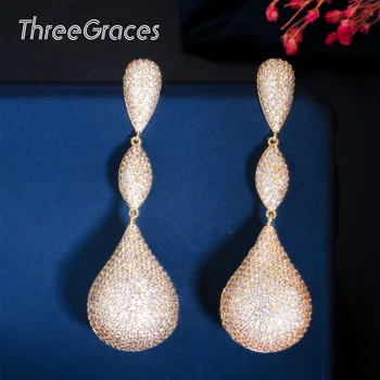 

ThreeGraces Luxury White Topaz 925 Silver Cubic Zirconia Round Dangle Dubai Gold Big Long Earrings Brides Wedding Jewelry ER464