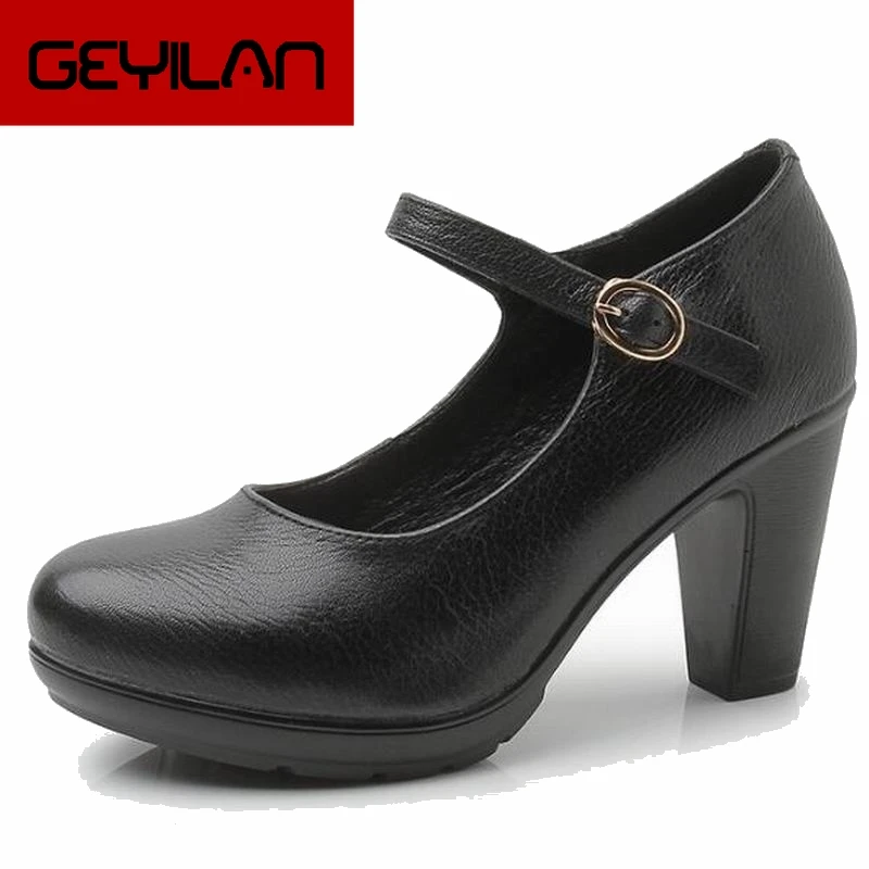 

2018 New Women's genuine leather Shoes Thick heels High Quality Classic Black&Red Pumps Shoes for Office Ladies Shoes HY1185