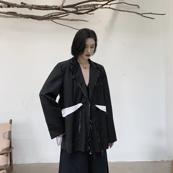 

Women Fashion Loose Casual Black Splice White Ragged Suit Coat Outerwear Female Streetwear Hip Hop Gothic Harajuku Blazer Jacket