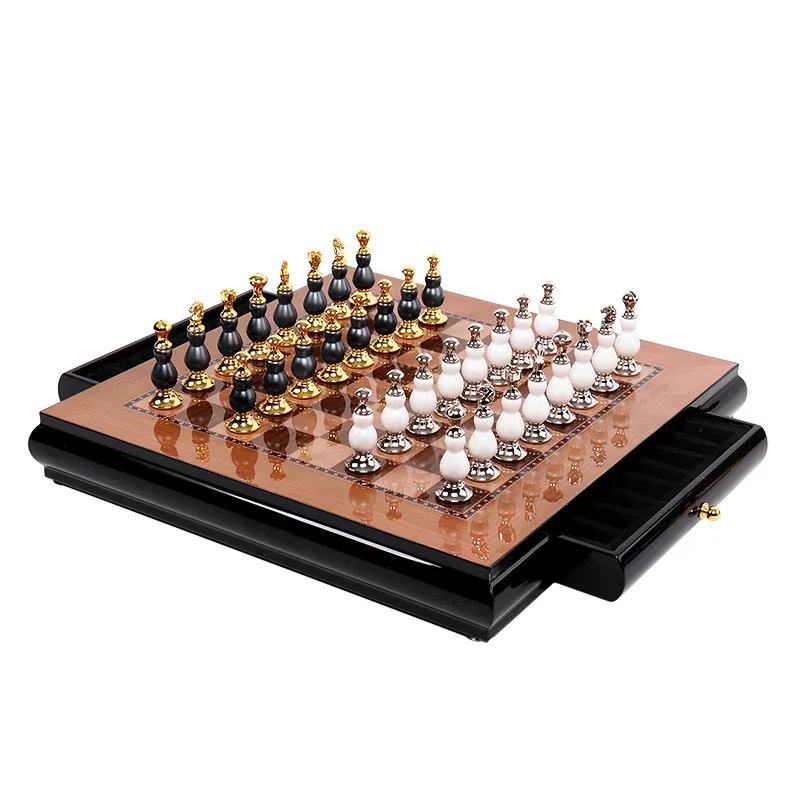 Luxury International Chess Wooden Chess Board Set with Metal Chess Pieces 40CM Large Chessboard Creative Living Room Decoration 32pcs 2 2 in wooden chess international with protective pads word chess set standard education chess game chess board game