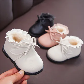 

Baby Girls Boots Ankle Leather Toddler Kids Snow Boots For Girls Fur Bow Children Winter Shoes Size 15-25 Black White Pink