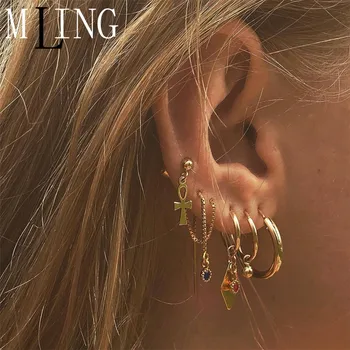 

MLING 5 Pcs/Set Vintage Gold Alloy Crystal Earrings Set Newest Beads Cross Tassel Earrings for Women