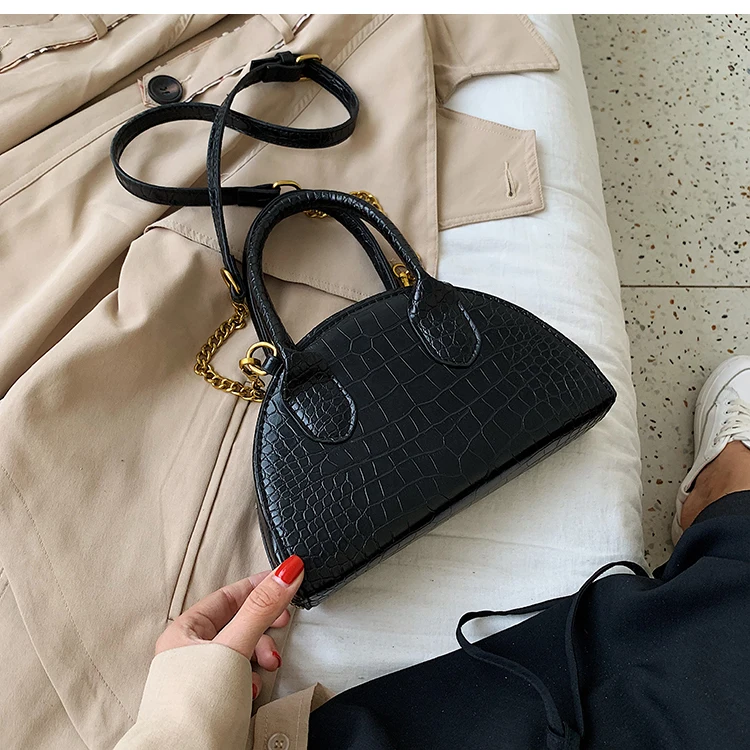 Stone Pattern Leather Crossbody Bags For Women Luxury Quality Shoulder Messenger Lady Brand Travel Semicircle Handbags - Цвет: Black