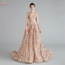 Женские платья для выпускного вечера цвета шампанского,, роскошное расшитое блестками кружевное платье с круглым вырезом и длинными рукавами, торжественное платье с бисером и кристаллами
