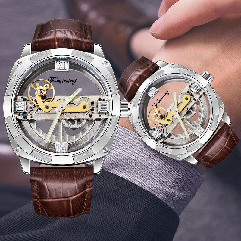 

FORSINING Transparent Skeleton Mechanical Men Watch Fashion Leather Strap Luminous Waterproof Men's Watches Relogio Masculino
