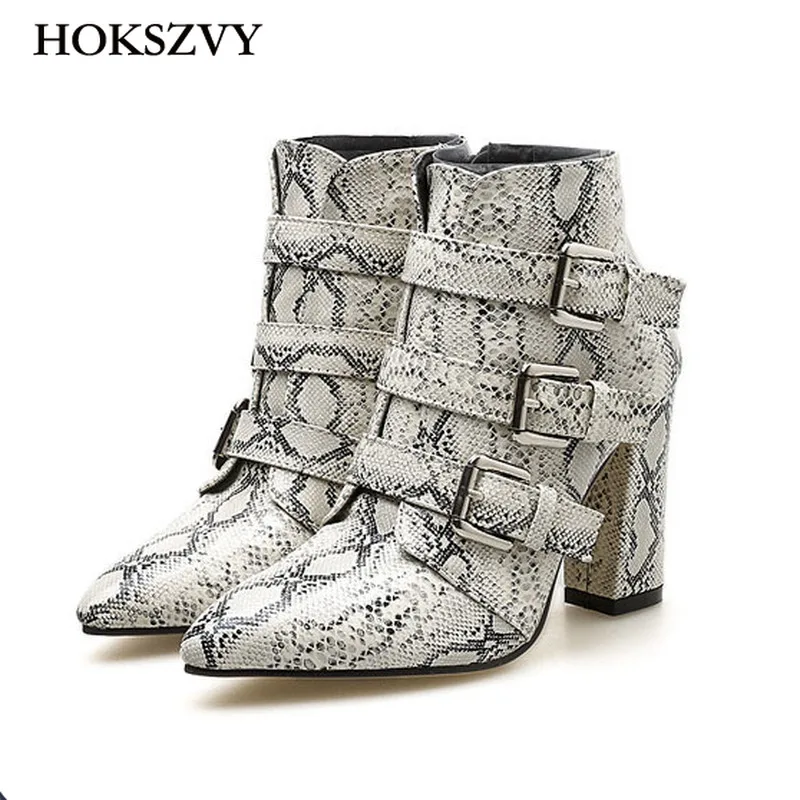 

HOKSZVY Point toe Sexy Square Heels Buckle Women's Boots Winter Leopard Snakes Thick Chelsey Shoes Winter Women Boots ZL-a999-3